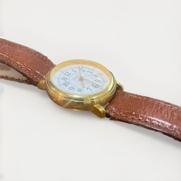 Vintage Guess Watch Women Gold Tone w Alarm White Dial Brown Leather Band 1990 - Picture 2 of 9